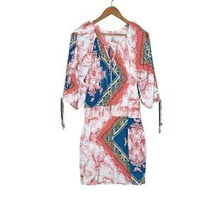 Cache Womens Geometric Floral Multicolor Long Sleeve Dress Size Small
